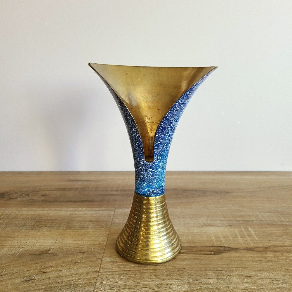 Vintage solid brass and blue enamel one of a kind design vase with opening.